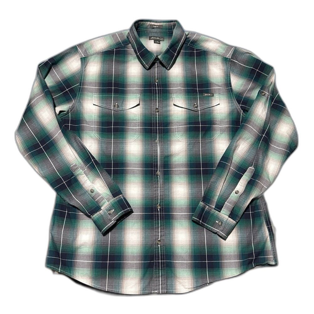 Eddie Bauer Men’s XL Plaid Flannel Shirt Blue Green Cabin Core Outdoors Workwear